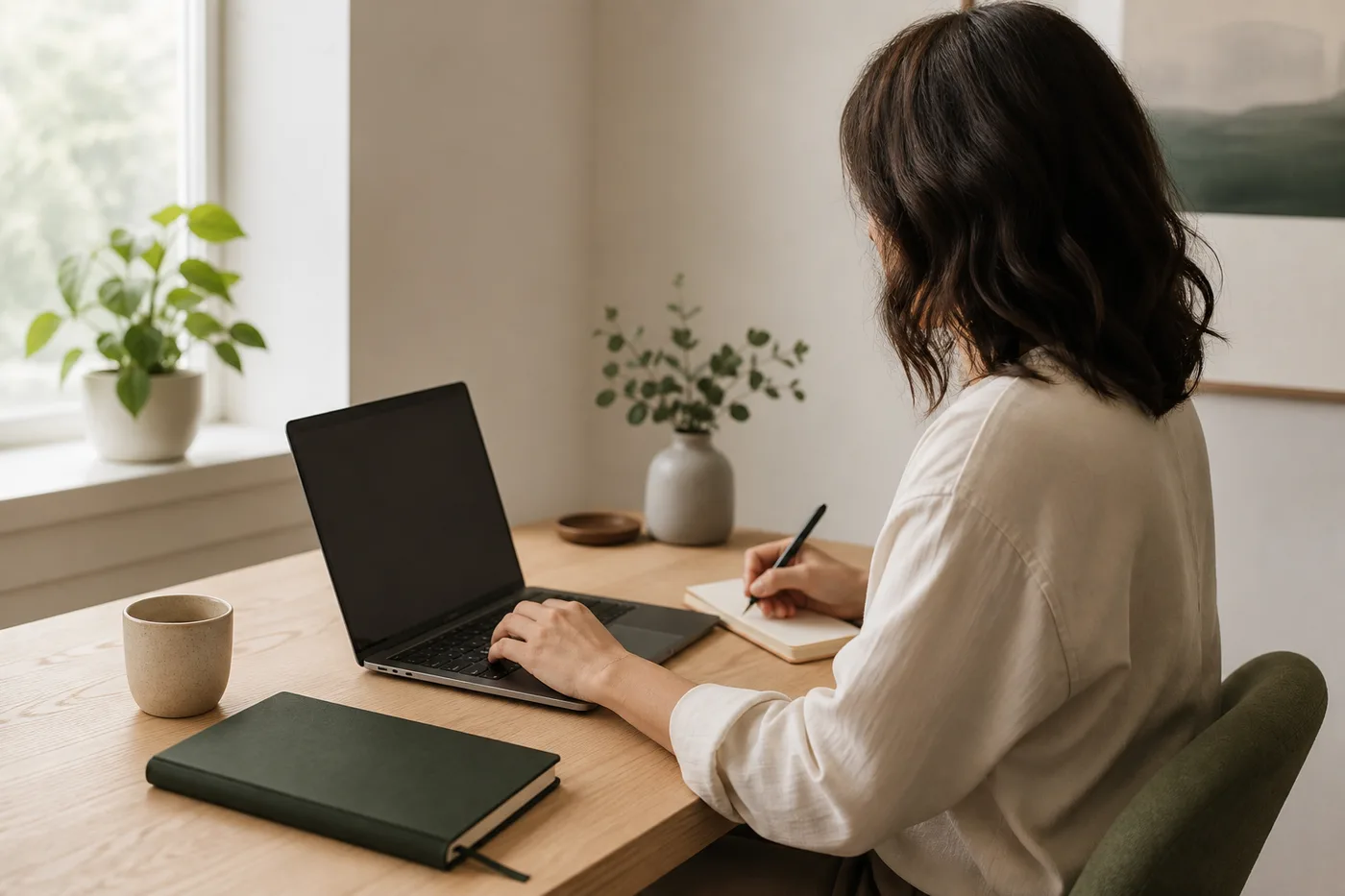 Persona trabajando con una computadora y un cuaderno en un ambiente tranquilo